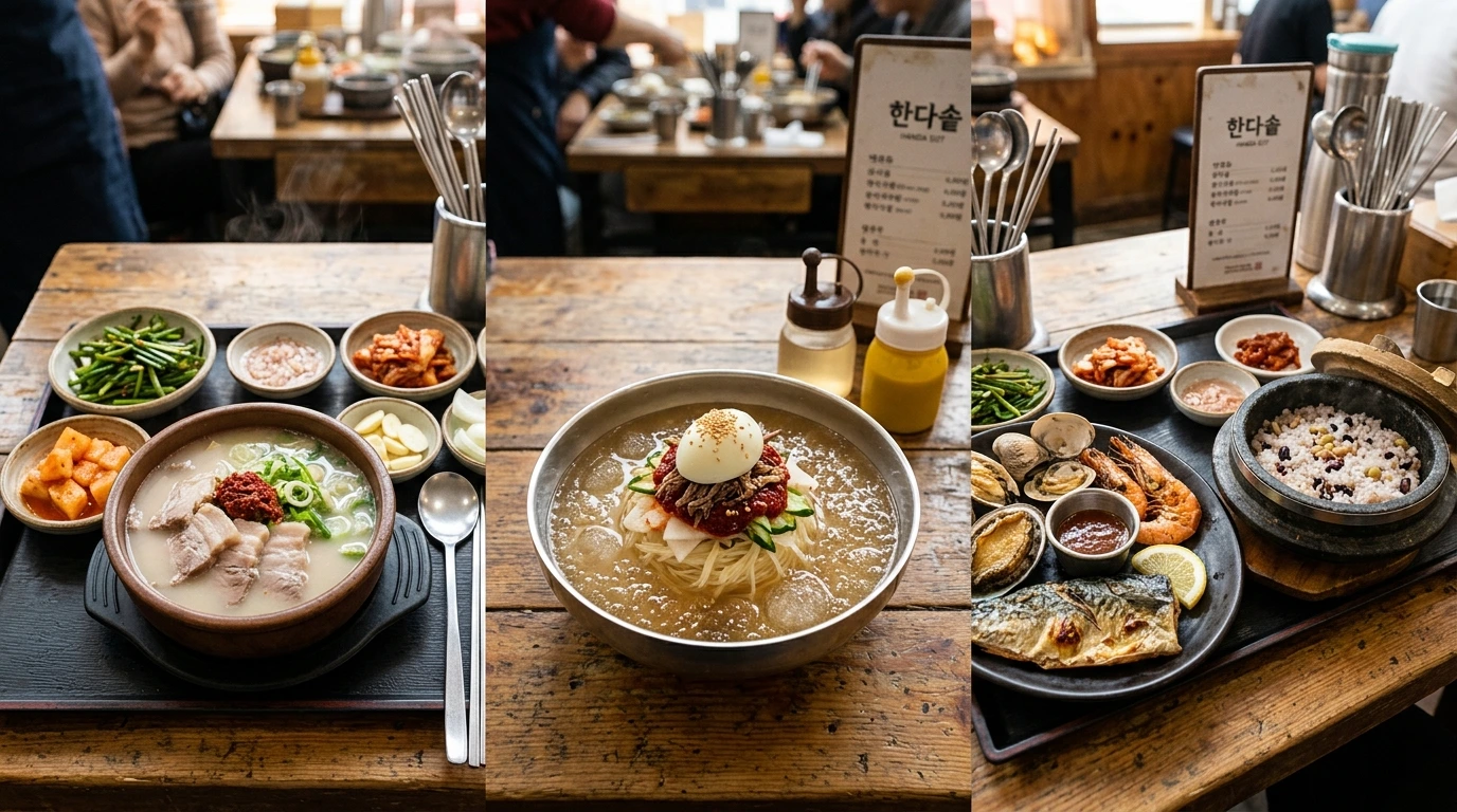 Dwaeji Gukbap (Pork Rice Soup), Milmyeon (Korean Chilled Wheat Noodles), Grilled Fish Table setting