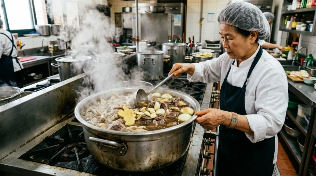 Professional documentary food preparation photography showing traditional Korean cooking process with large stainless steel pots containing beef brisket, beef shank, chicken feet, whole ginger, onions and garlic boiling for 72 hours, steam rising in professional kitchen setting with chef in traditional kitchen attire demonstrating meticulous preparation dedication and artisanal broth-making process 