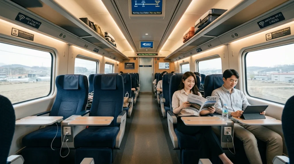 Premium cabin with reclining seats, luggage racks, Wi-Fi signs, passengers relaxing in modern Korean train 