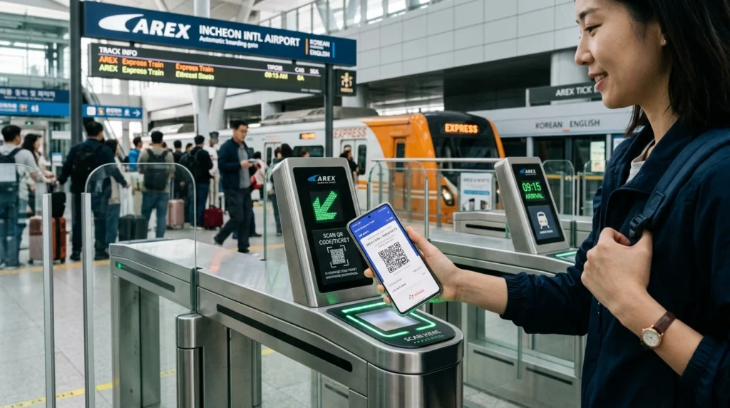 Smartphone displaying digital QR code ticket in AREX app for contactless boarding 