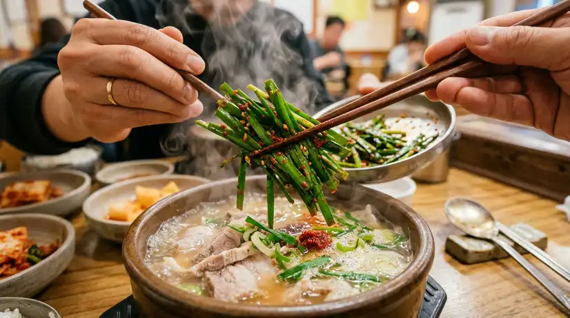 Close-up of hand using chopsticks adding bright green spicy chives into steaming hot Korean pork soup bowl