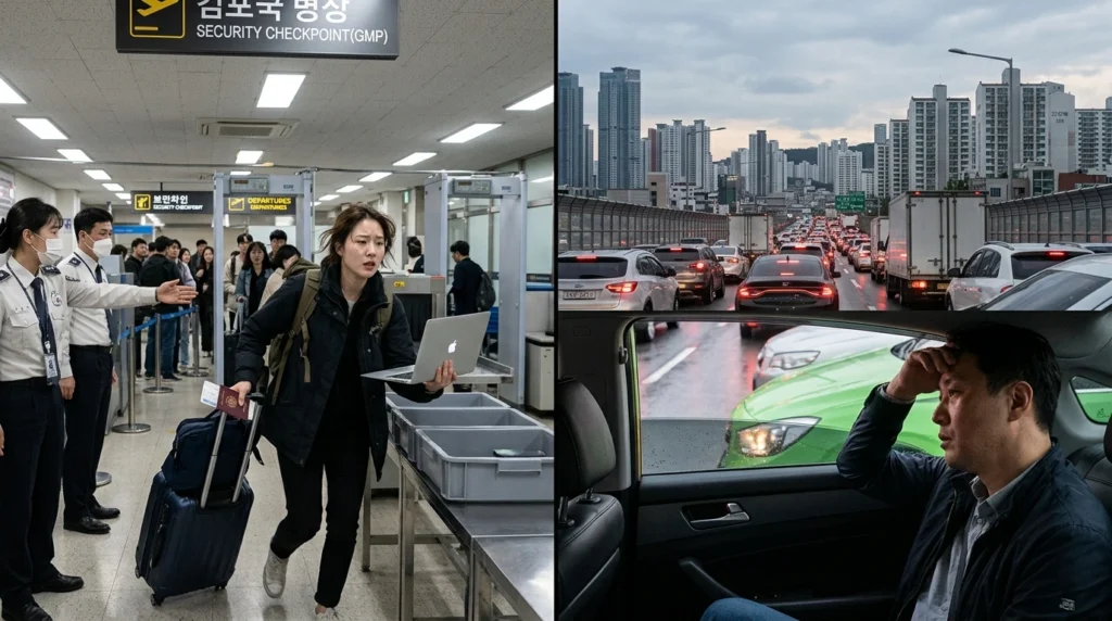 Split image showing airport security checkpoint rush at Gimpo Airport and taxi stuck in traffic between Gimhae Airport and city center
