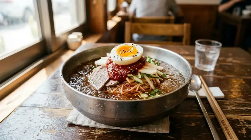 Stainless steel bowl of Korean Milmyeon with wheat noodles, icy broth, red spicy sauce, boiled egg, and beef slices