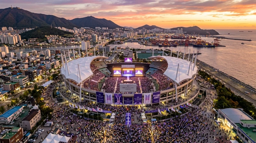 Aerial view of Busan Asiad Main Stadium with fans, coastal mountains, sunset lighting, BTS concert atmosphere 