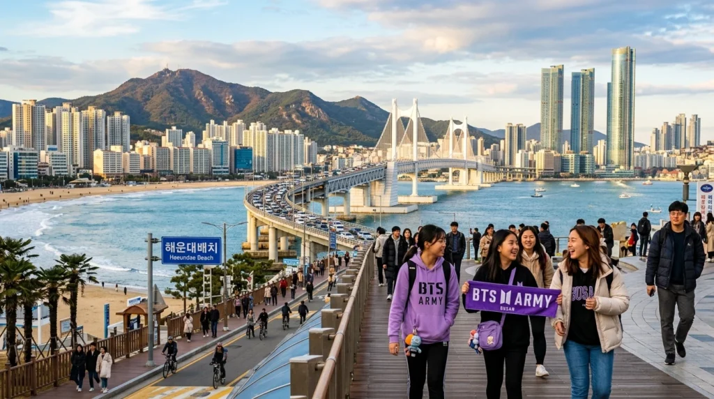 Panoramic Busan coastline with Gwangan Bridge, high-rises, mountains, ARMY fans with merchandise on promenade, morning light 