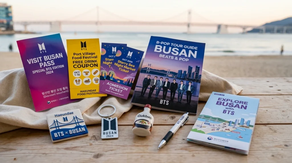 Welcome kit with Visit Busan Pass vouchers, food festival coupons, and tour guide 