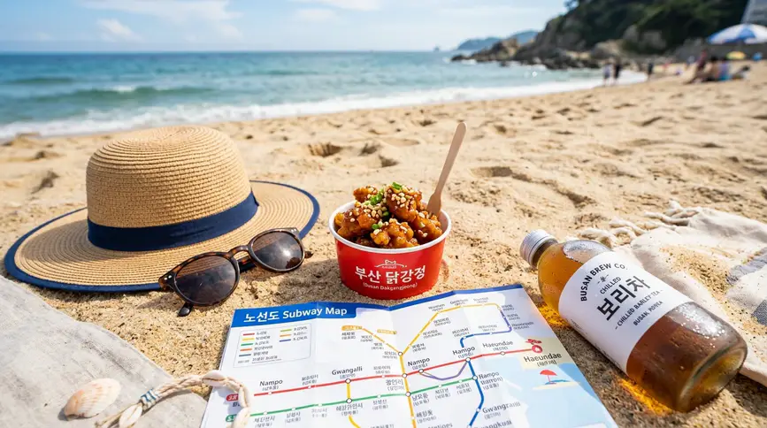 Straw hat, sunglasses, Korean fried chicken, Busan subway map, and chilled tea on sandy background