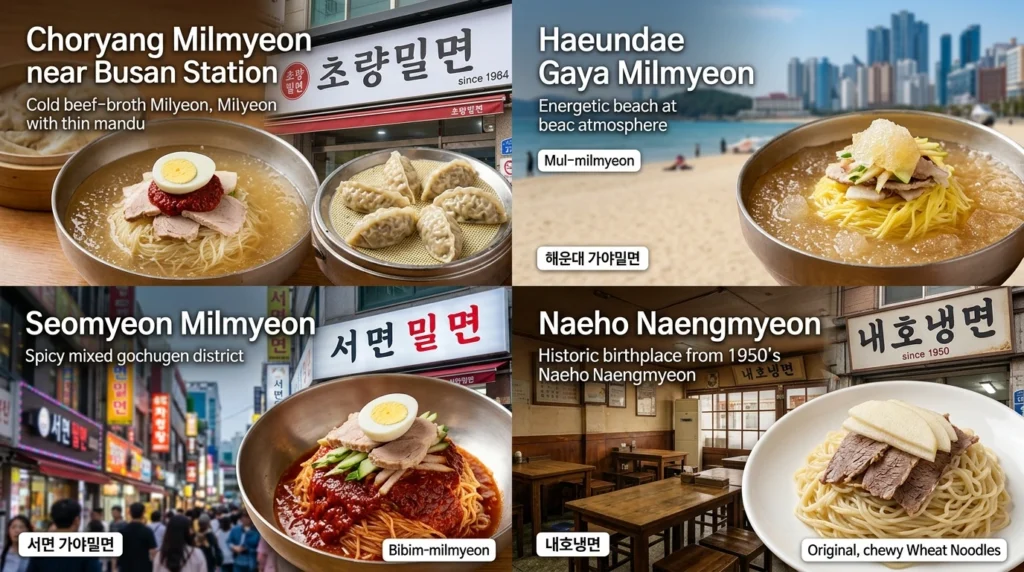 Professional food photography infographic layout showcasing four famous Busan Milmyeon restaurants in quadrant composition: top left Choryang Milmyeon near Busan Station with bowl of cold noodles and savory dumplings, top right Haeundae Gaya Milmyeon with signature icy broth bowl and beach atmosphere, bottom left Seomyeon Milmyeon showing vibrant Bibim-milmyeon spicy mixed noodles in energetic district setting, bottom right Naeho Naengmyeon historic establishment with vintage atmosphere representing original birthplace of Milmyeon from 1950s, each quadrant featuring Korean signage labels 
