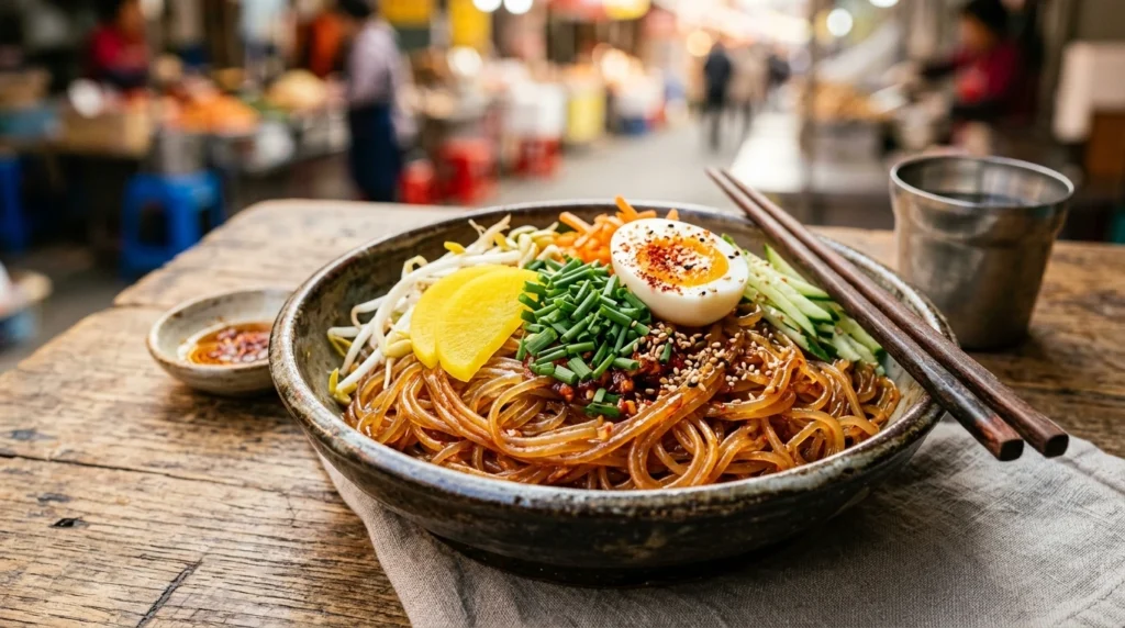 Translucent noodles with sesame oil, spicy sauce, pickled radish and chives