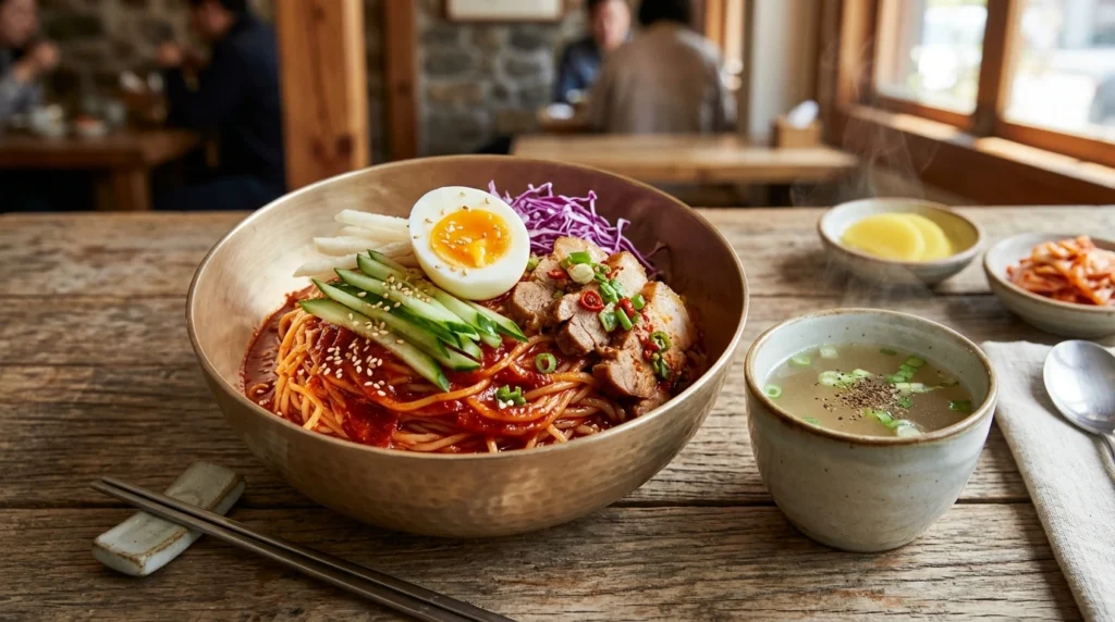Spicy cold wheat noodles with crimson sauce, cucumber, egg, pork and hot beef broth

