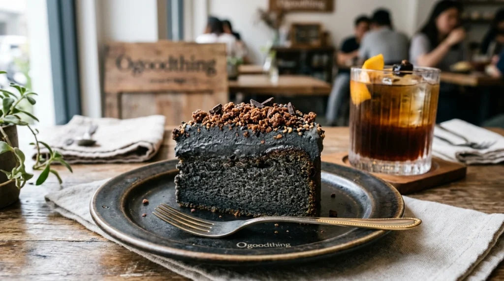 Dense cake with sweet potato tofu base, black sesame cream, cacao crumble and drink