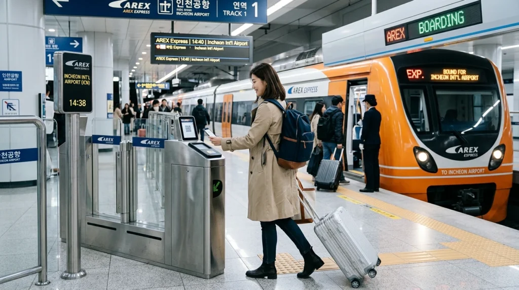 Passenger scanning QR code at gate, stepping onto platform with luggage at Seoul Station 