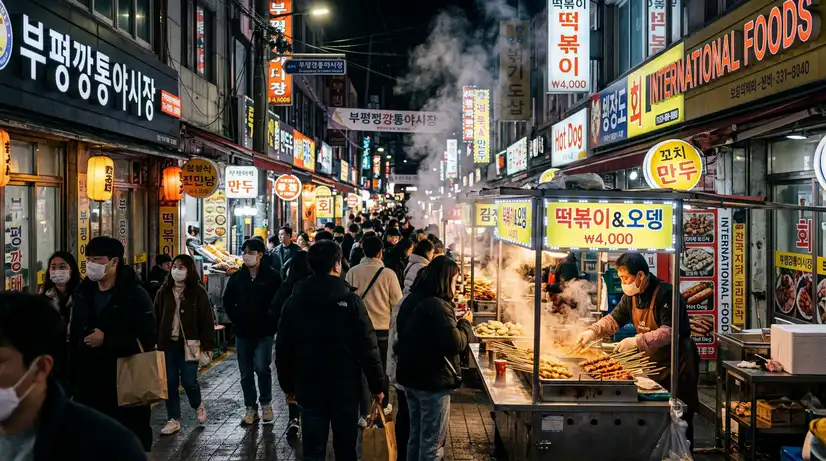 Evening shot of crowded Busan night market alley with food carts, steam rising under LED signs, cinematic lighting