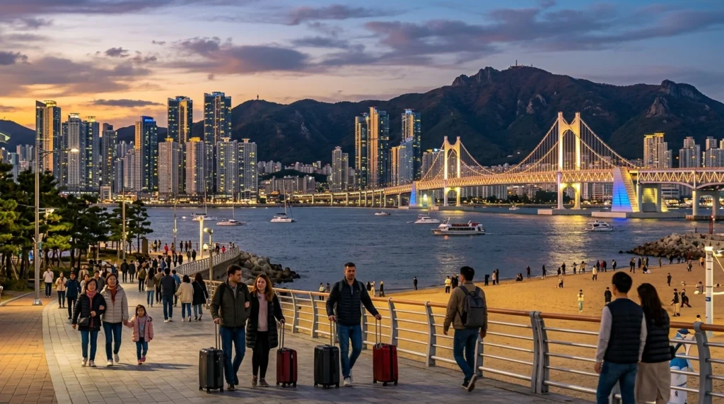 Panoramic Busan coastline with Gwangan Bridge at sunset, high-rise hotels, mountains, travelers on beach promenade 