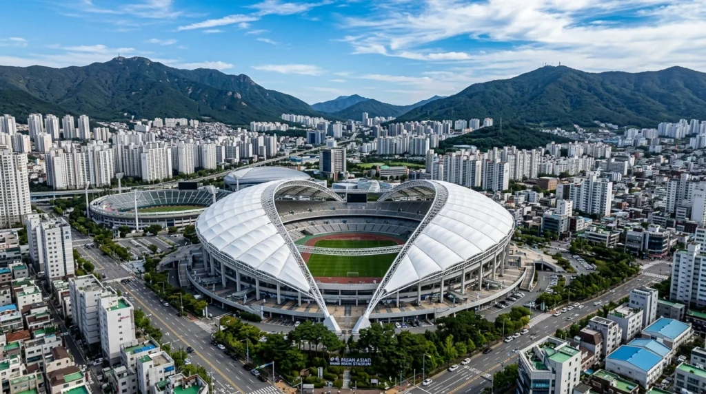 Aerial view of Busan Asiad Stadium with semi-open dome structure and cityscape

