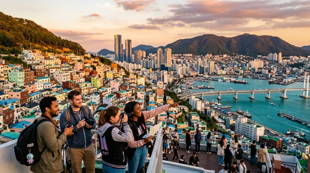 Panoramic Busan coastal city blending ocean energy with traditional markets and hillside villages, ARMY fans exploring scenic viewpoints 