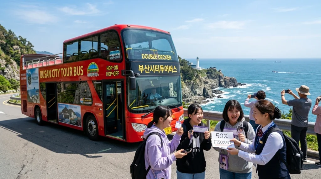 BTS fans showing concert tickets for 50% discount at Taejongdae tour bus 