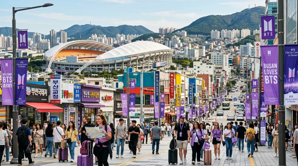 Busan cityscape with Asiad Stadium, purple BTS banners, and international tourists 