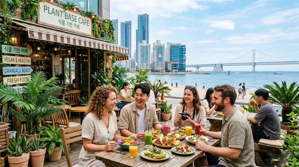 Coastal Busan with vegan restaurant, plants, international travelers enjoying plant-based food by beach