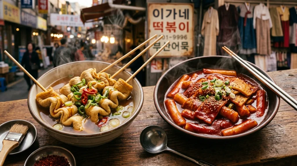 Chewy fish cakes in broth with thick rice cakes in rich gochujang sauce