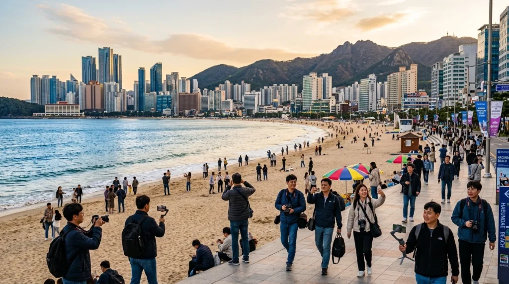 Busan coastal city blending oceanic tranquility and urban energy, Haeundae Beach, mountains meeting sea, international travelers exploring

