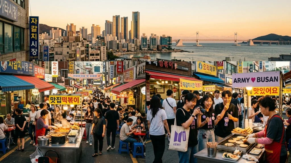 Busan coastal city blending urban and traditional culture, street markets with food vendors, ARMY fans discovering local cuisine

