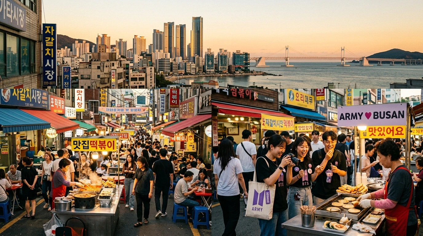 Busan coastal city blending urban and traditional culture, street markets with food vendors, ARMY fans discovering local cuisine