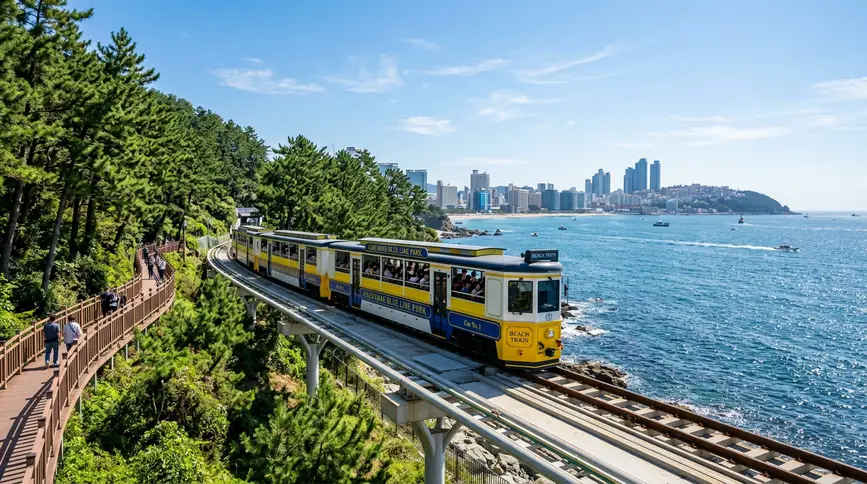 Colorful retro-style beach train traveling on rail track beside deep blue sea with green pine trees