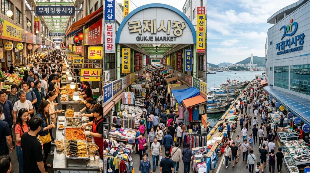 Three-market progression from Kkangtong food stalls to Gukje shopping to Jagalchi waterfront