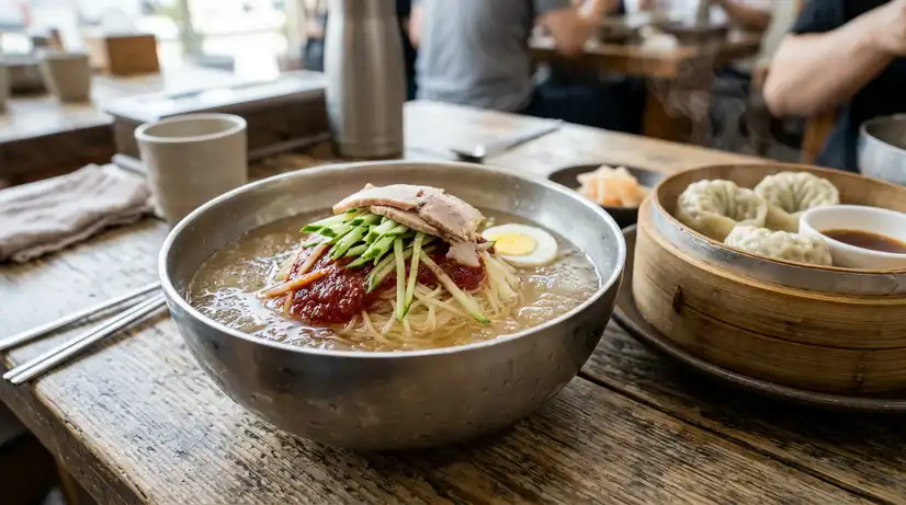 Close-up of icy Milmyeon in steel bowl with red sauce, cucumber, egg, and meat beside steaming hot mandu dumplings