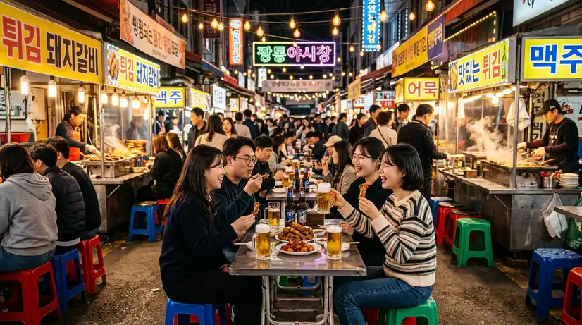 Vibrant night market with people on plastic stools eating crispy pork ribs and beer under warm string lights

