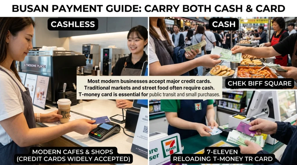 Split scene: credit card tap at modern cafe, Korean Won cash at BIFF Square street vendor, T-Money card reload

