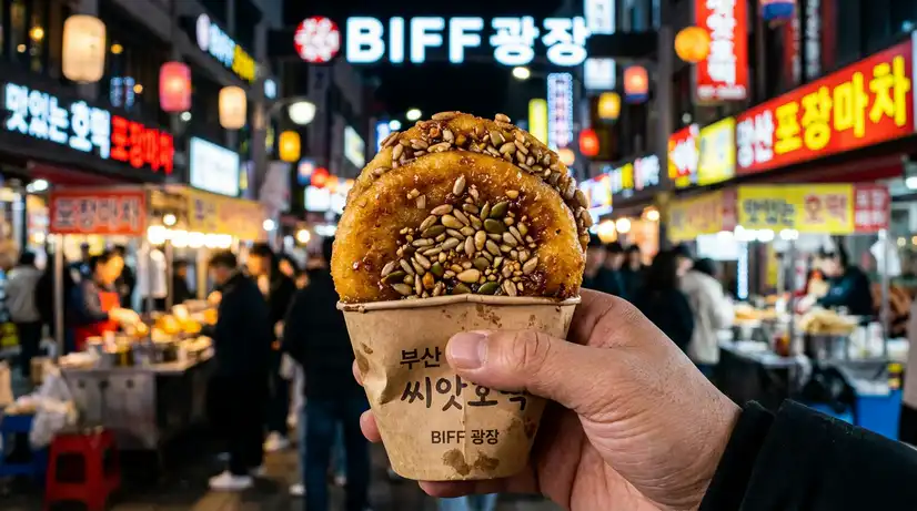 Close-up of golden Ssiat Hotteok overflowing with sunflower seeds and nuts in paper cup at BIFF Square
