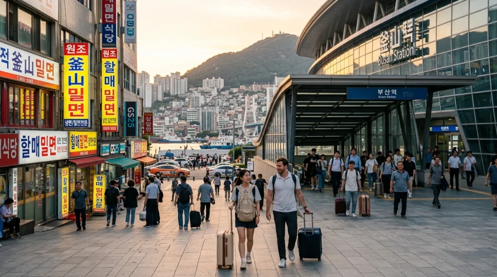 Professional travel photography of Busan Station exterior with travelers stepping out of modern train station building carrying luggage, Korean restaurant signs visible including Milmyeon shops, salty ocean breeze atmosphere, coastal city vibe with mountains in background and golden hour lighting creating vibrant urban energy 