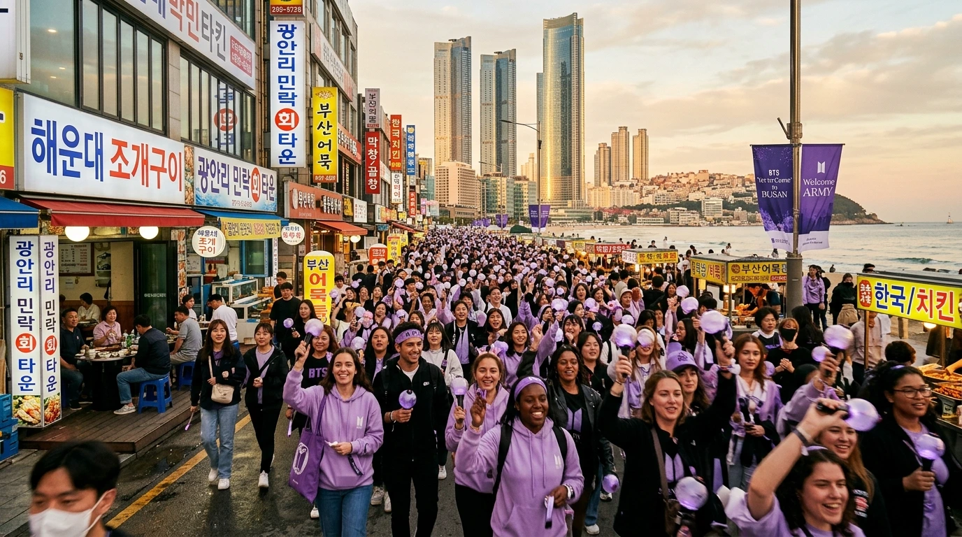 Vibrant scene of Busan coastal city during BTS concert event with massive crowd of approximately 150 diverse international fans holding purple glowing ARMY Bomb light sticks filling bustling street, Korean restaurant signs and food establishments visible on both sides with Haeundae Beach and modern skyscrapers in background creating electric energy atmosphere