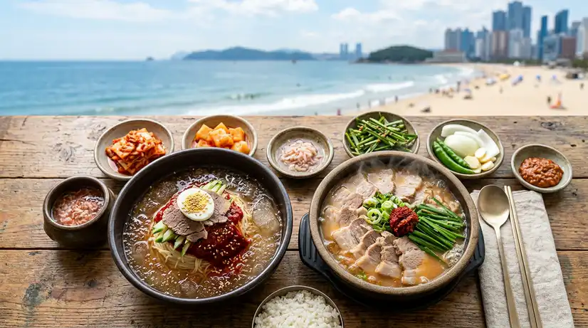 Overhead view of Korean dining table with icy Milmyeon and steaming Dwaeji Gukbap against Haeundae beach backdrop