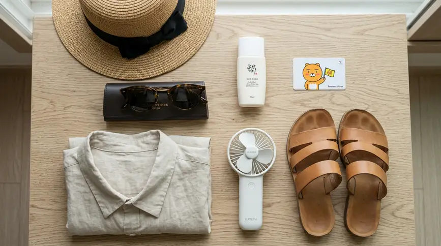 Straw hat, sunglasses, Korean sunscreen, T-money card, portable fan, linen shirt, and leather sandals on wooden surface
