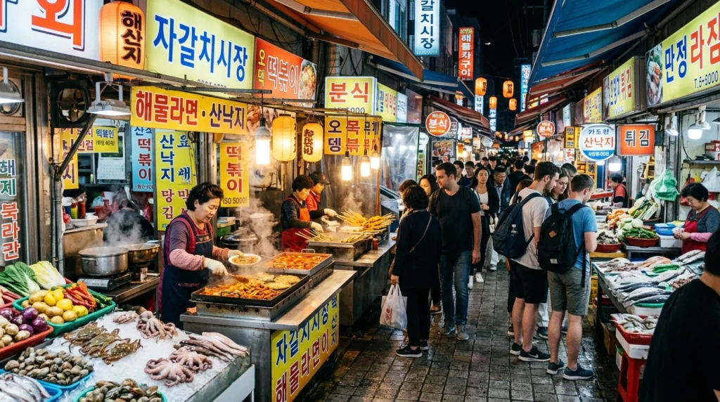 Vibrant food stalls with fresh seafood displays, street food vendors, international travelers exploring narrow market alleys with steaming dishes 