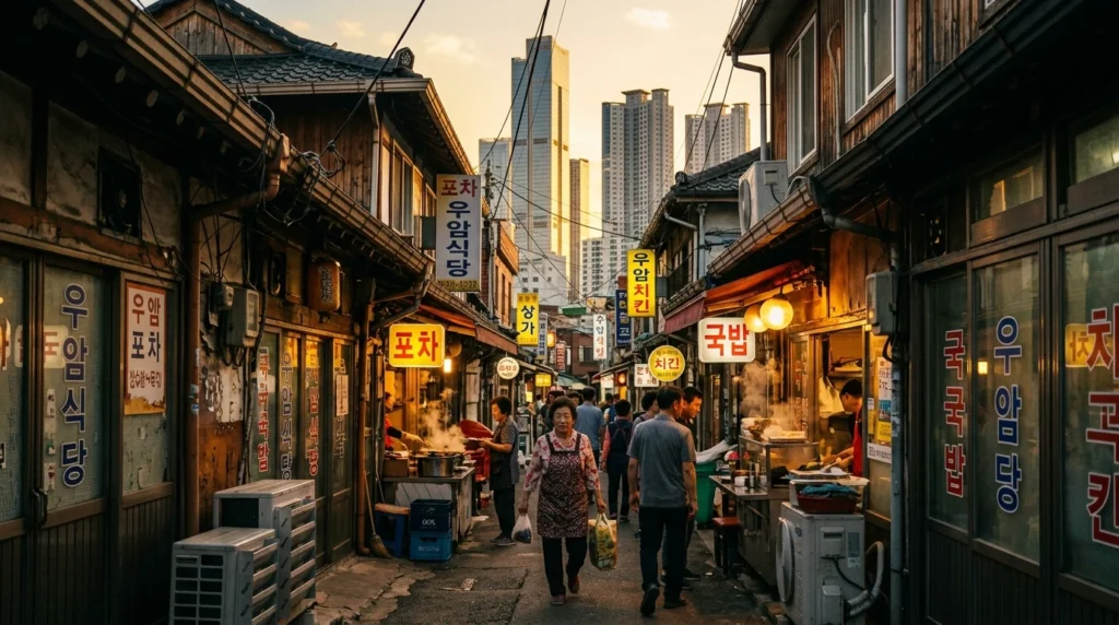 Atmospheric narrow alleyway in Busan Uam Market area blending traditional Korean neighborhood with modern skyscrapers in distant background, golden hour lighting filtering through buildings with locals walking through historic street and Korean restaurant signs visible 