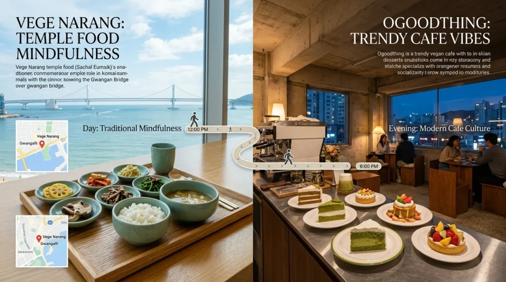 Split view of Vege Narang ocean temple food and Ogoodthing trendy cafe desserts