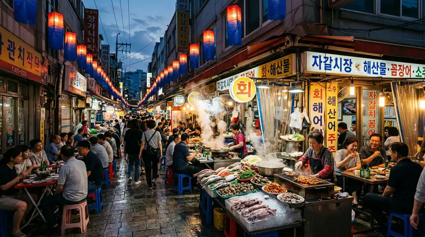 Wide-angle view of vibrant Korean market with colorful seafood stalls, glowing lanterns, and people eating on stools 