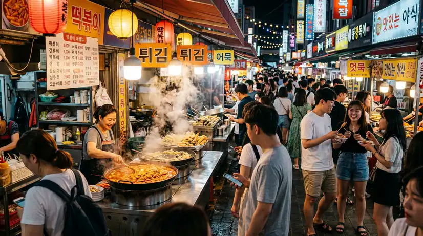 Steaming Korean street food stalls with colorful signs and lanterns, crowds in summer clothes at vibrant night market