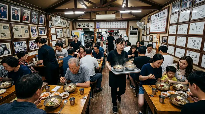 Crowded Busan noodle restaurant with diners at wooden tables and staff serving amid vintage decor