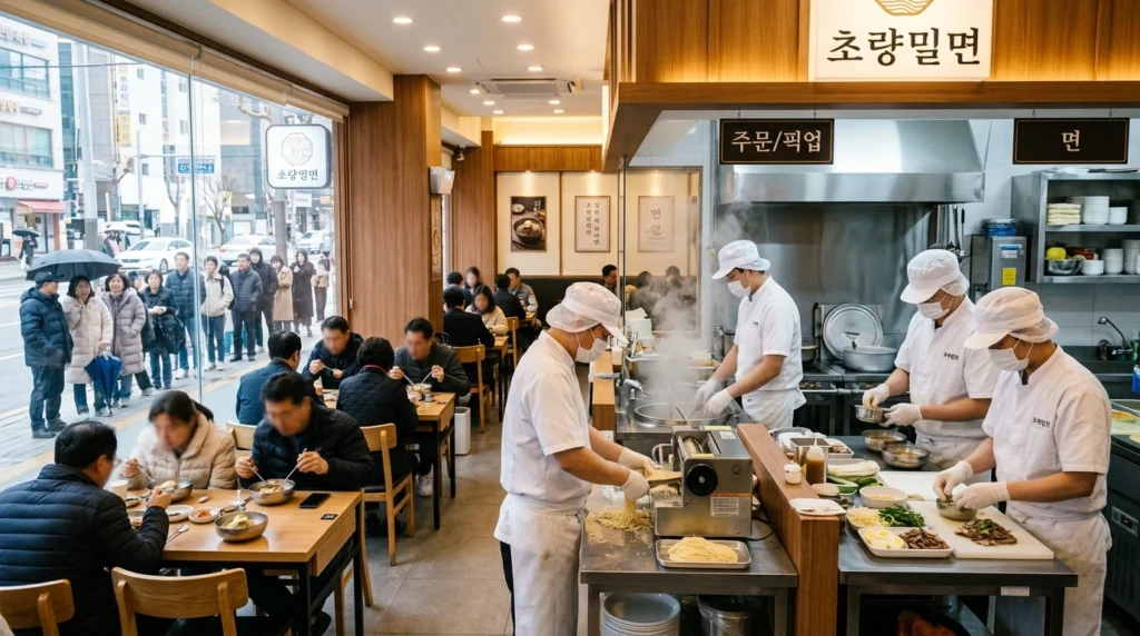 Professional restaurant scene photography of Choryang Milmyeon interior with line of customers waiting patiently outside visible through window, spotless open kitchen with staff in sanitary gear preparing noodles, efficient service atmosphere in clean modern Korean restaurant interior during busy lunch hour 