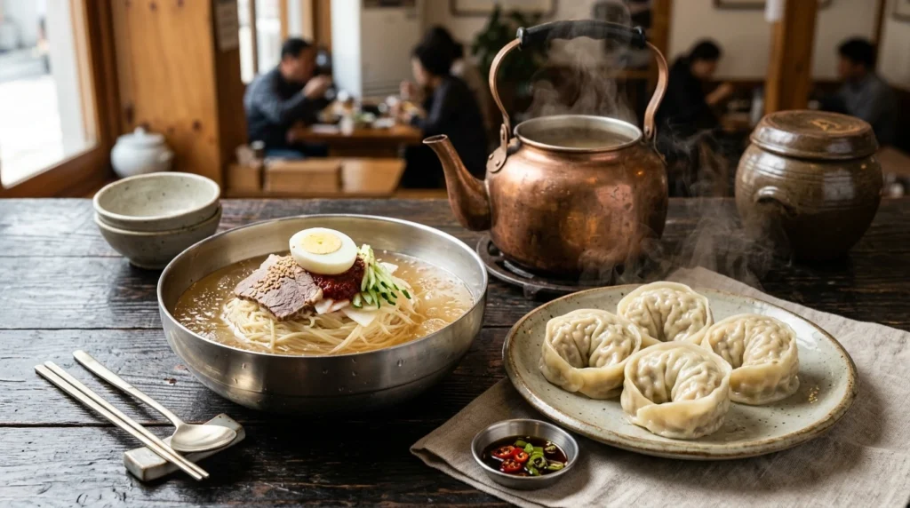 Professional food photography hero shot of Choryang Milmyeon signature combination featuring bowl of clean mild milmyeon wheat noodles with clear broth alongside giant Wang Mandu dumplings, steaming hot dumplings contrasting with cold noodles, warm bone broth kettle on side in traditional Korean metal bowls and plates showing perfect harmony presentation 