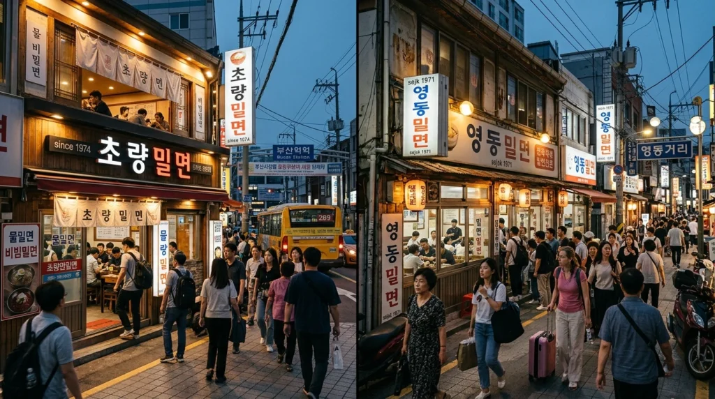 Professional documentary-style split image showing two historic Milmyeon restaurants near Busan Station, Choryang Milmyeon and Yeongdong Milmyeon storefronts with Korean signage, busy street scene with travelers and locals, traditional Korean restaurant facades with warm inviting lighting and cultural heritage atmosphere 