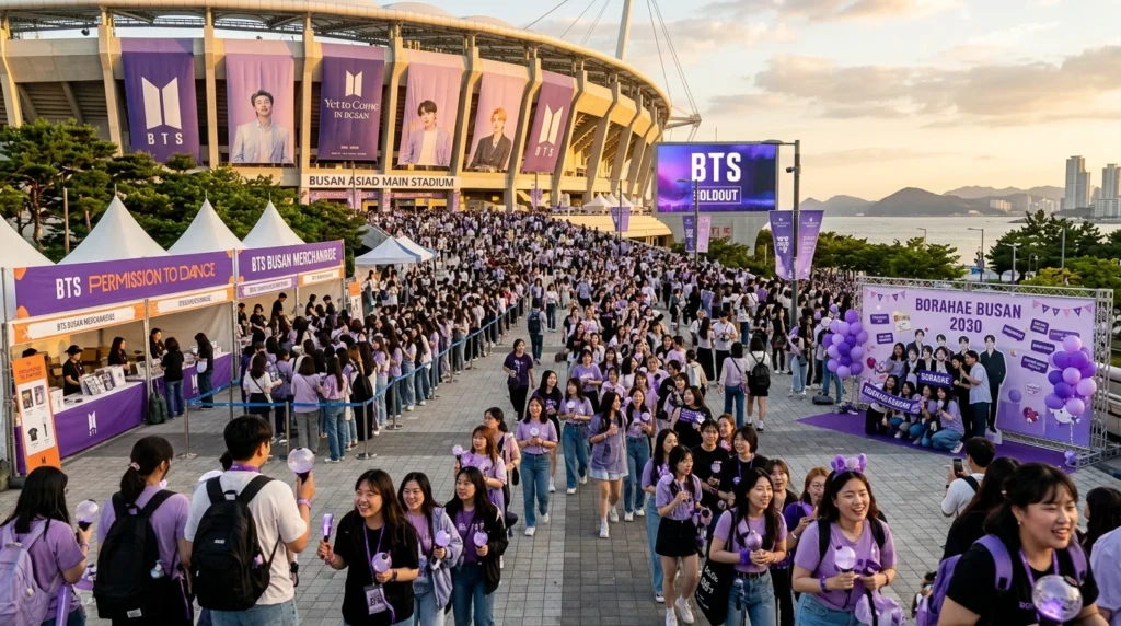 Stadium exterior at golden hour, massive ARMY crowd with purple lightsticks, merchandise booths, giant BTS banners, festival energy 