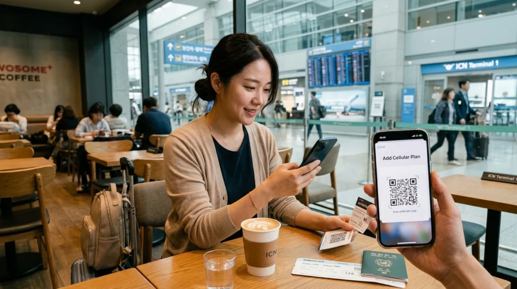 Relaxed traveler sitting comfortably at Incheon Airport cafe activating eSIM by scanning QR code on iPhone or Galaxy phone with coffee