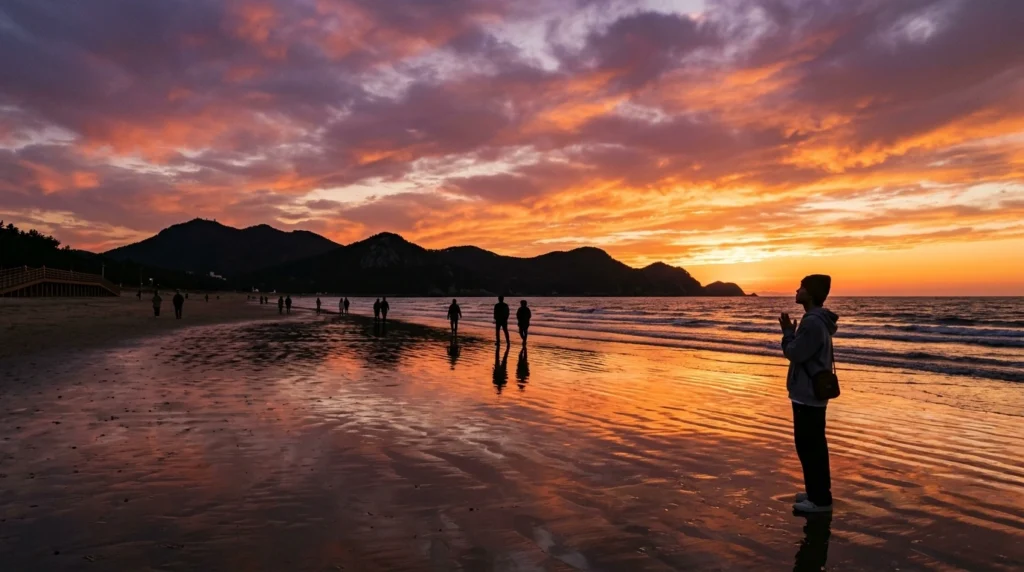 Spectacular Dadaepo Beach sunset with wide sandy expanse reflecting orange and purple sky, silhouette photography where Jimin made New Year's wish 