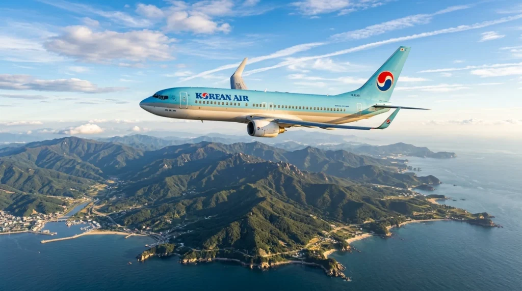 Korean Air domestic airplane flying above Korean peninsula landscape with mountains and coastline visible below